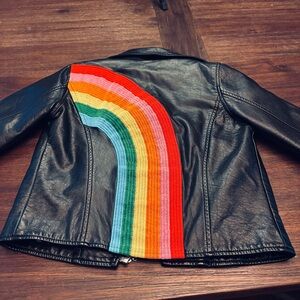 Lola + The Boys Black Vegan Motorcycle Jacket with Vibrant Rainbow